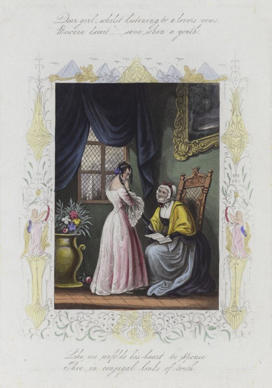 Valentine card with an image of a young woman standing before an elderly woman by English School