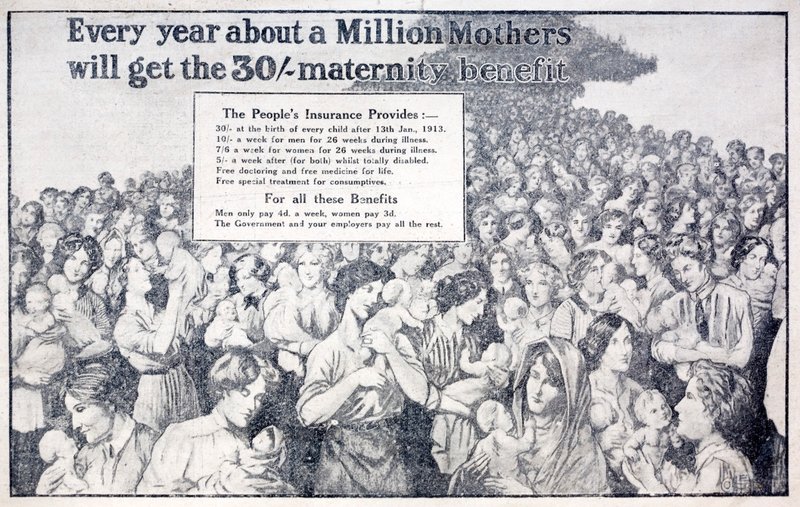 British card promoting maternity benefit paid for by National Insurance introduced by Liberal Chancellor of the Exchequer David Lloyd George by English School