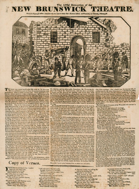 Broadsheet featuring The Awful Destruction of the New Brunswick Theatre, Wellclose Square, London by English School
