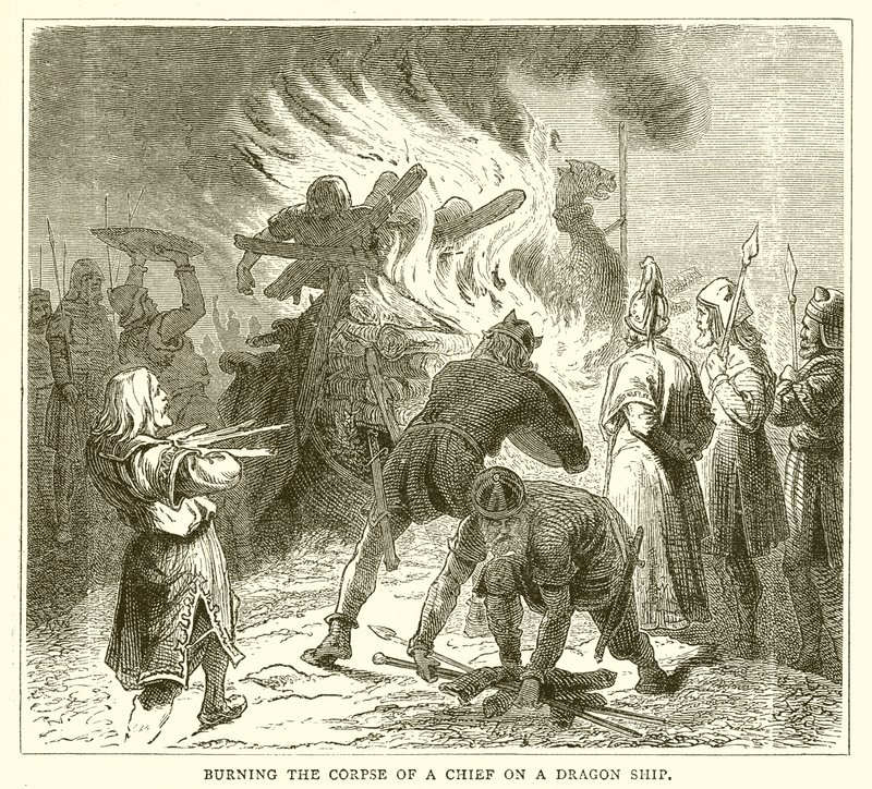 Burning the Corpse of a Chief on a Dragon Ship by English School