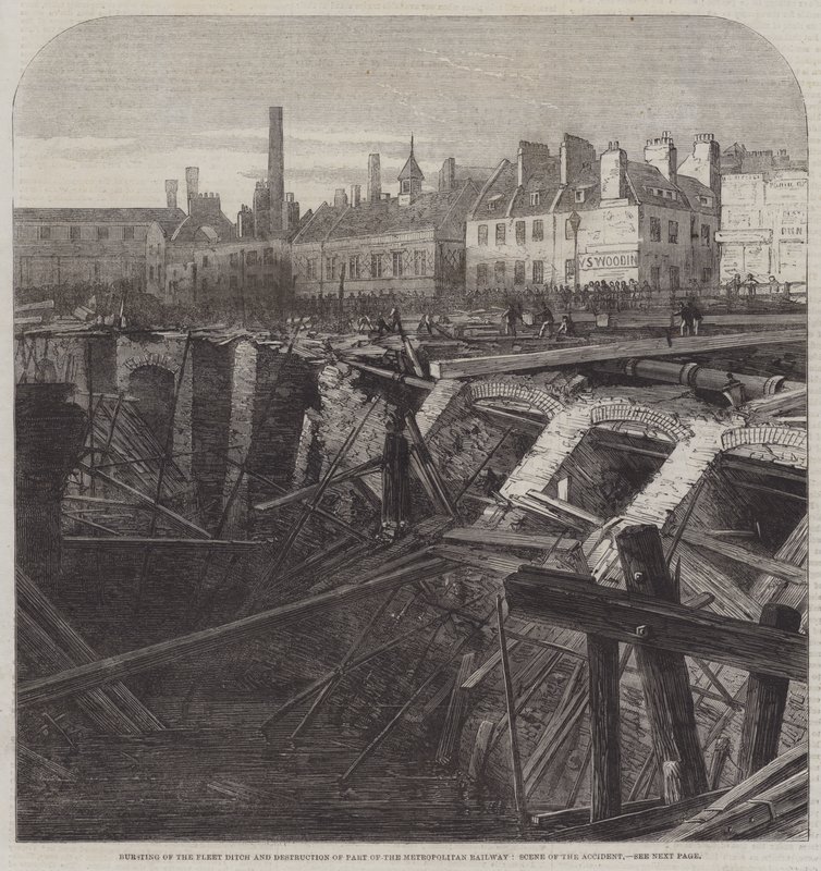 Bursting of the Fleet Ditch and Destruction of Part of the Metropolitan Railway, Scene of the Accident by English School