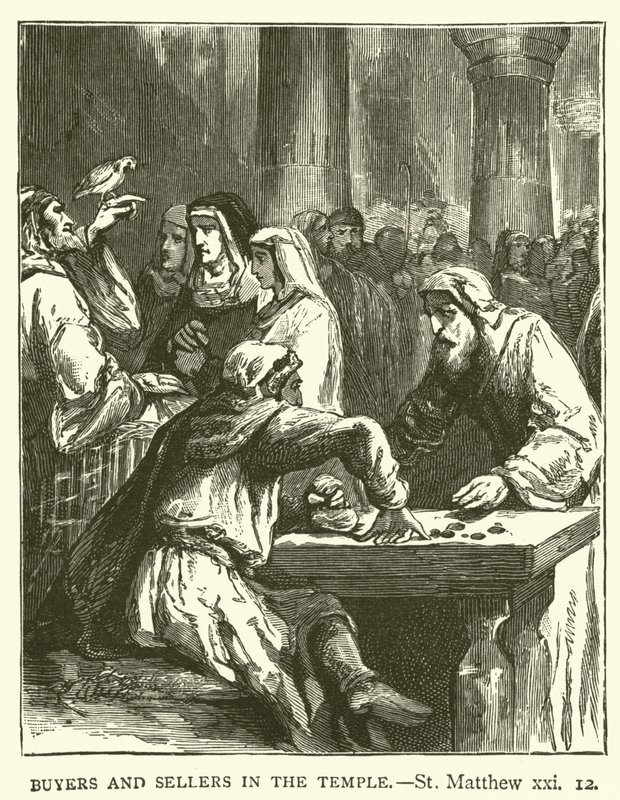 Buyers and sellers in the temple, St Matthew, xxi by English School