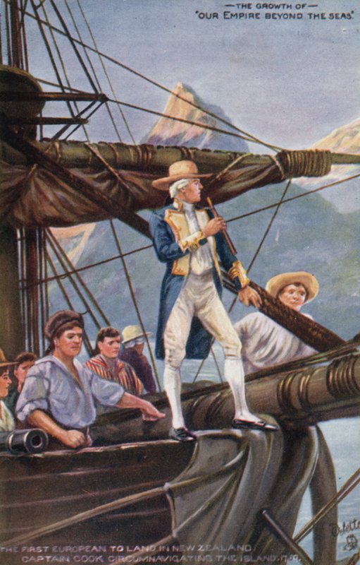 Captain Cook circumnavigating New Zealand, 1769 by English School