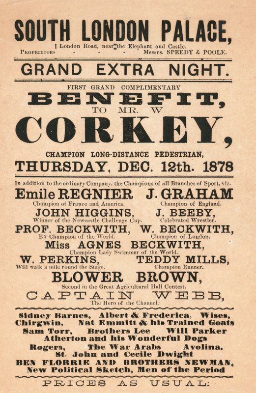 Captain Webb, the Hero of the Channel, Corkey the Pedestrian, the Beckwiths (Swimmers) and Others at the South London Palace, 1878 by English School
