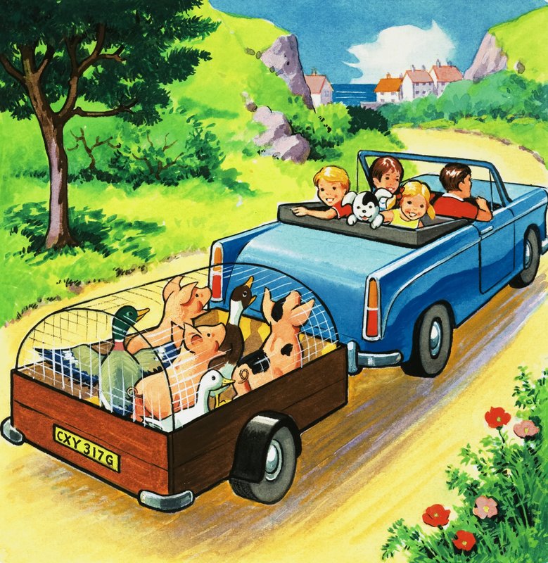 Car pulling a trailer of farmyard animals by English School