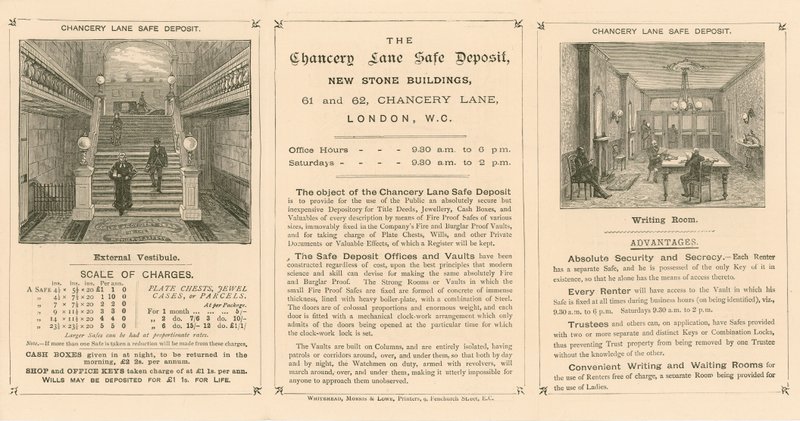 Card Advertising the Chancery Lane Safe Deposit, 61-62 Chancery Lane, London by English School