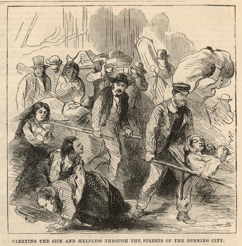 Carrying the Sick and Helpless Through the Streets of the Burning City by English School