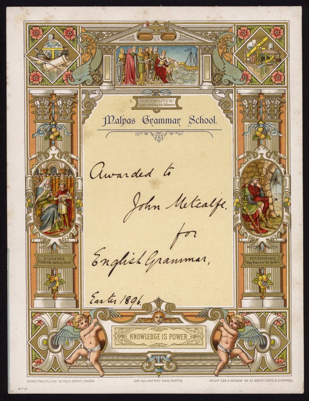 Certificate for English Grammar Awarded to a Pupil of Malpas Grammar School, Cheshire by English School