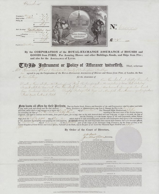 Certificate of fire insurance issued by the Royal Exchange Assurance Corporation for a house in Wilmslow, Buckinghamshire by English School