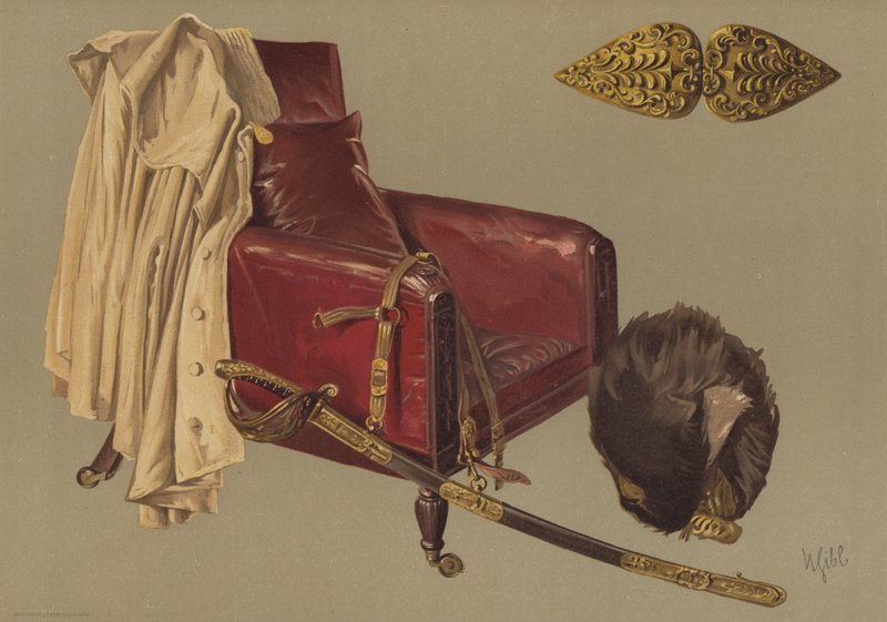 Chair and cloak of Field-Marshal the Duke of Wellington, with bearskin and sword of the Grenadier Guards by English School