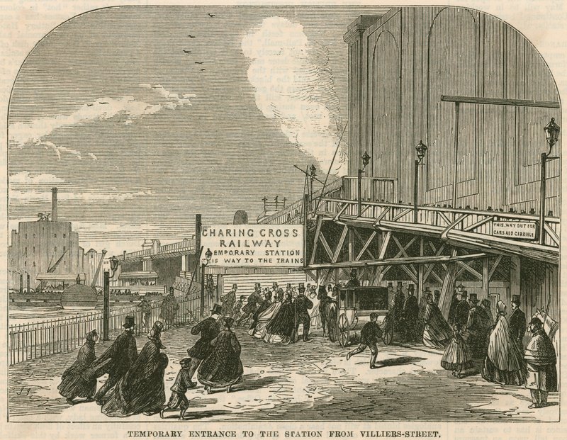 Charing Cross Station, London: The temporary entrance to the station from Villiers Street by English School