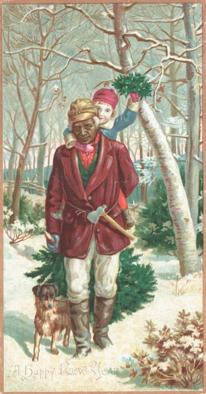 Child on mans shoulders collecting mistletoe by English School