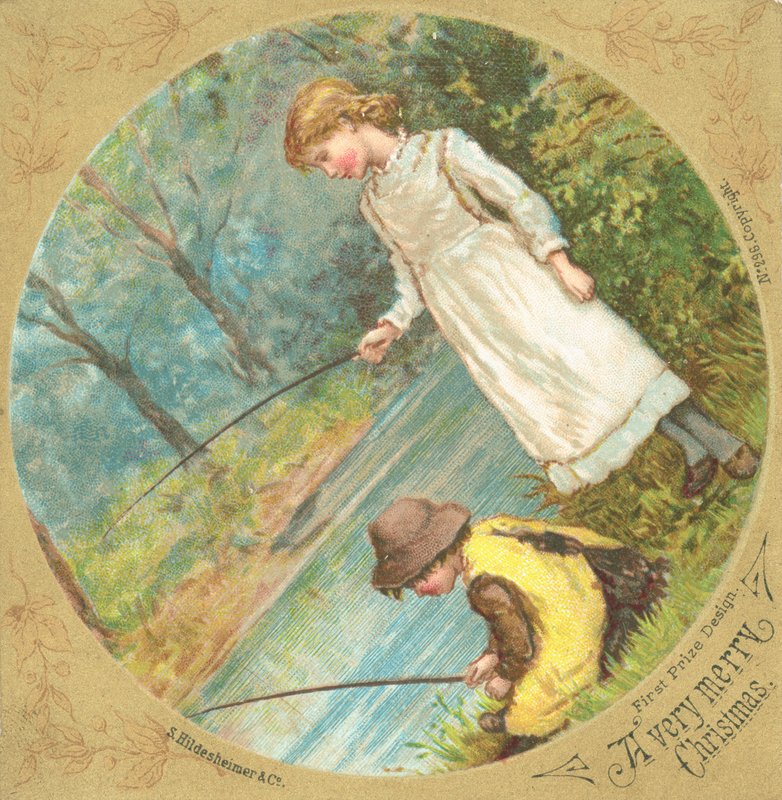 Children fishing on the riverbank by English School