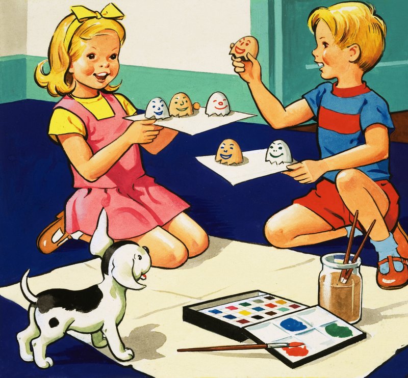 Children Painting Eggs by English School