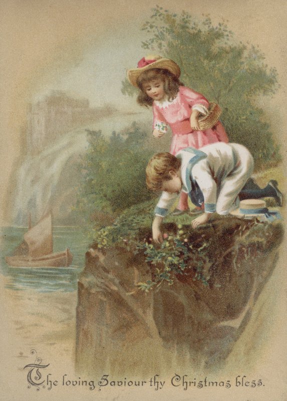Children picking flowers on a riverbank, Christmas card by English School