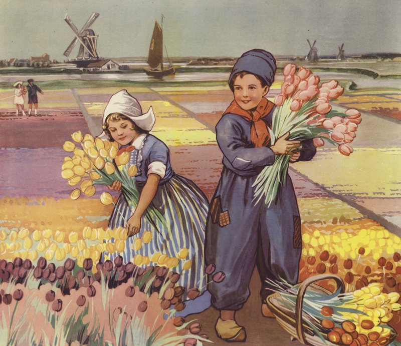 Children picking tulips in Holland by English School
