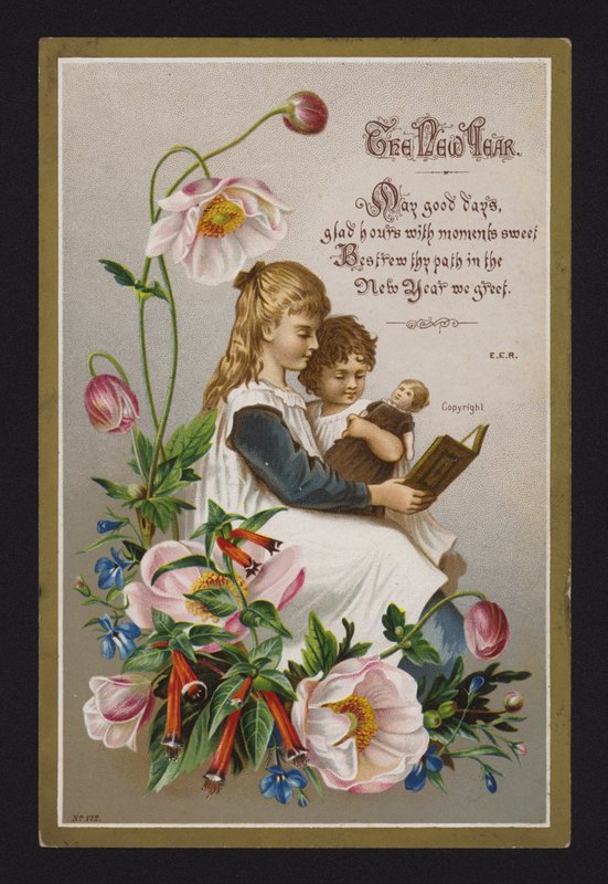 Children reading a book, New Year greetings card, late 19th or early 20th Century by English School