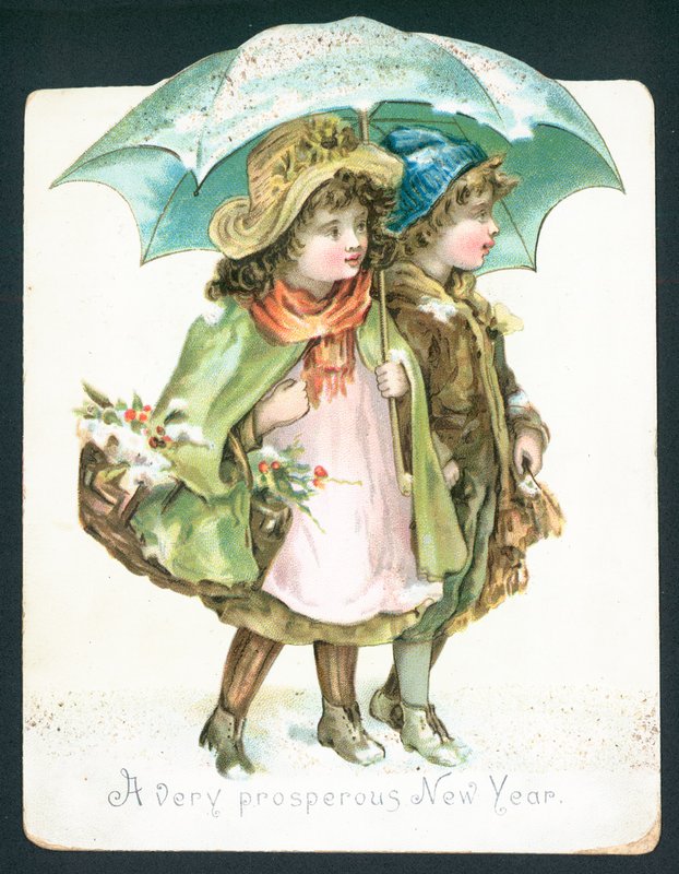 Children walking in snow under umbrella by English School