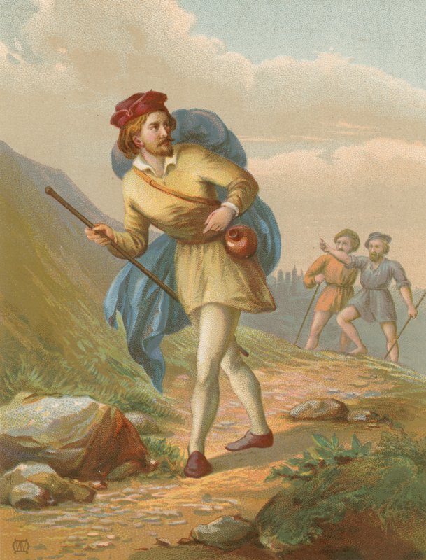 Christian leaves the City of Destruction, and is overtaken by Obstinate and Pliable by English School