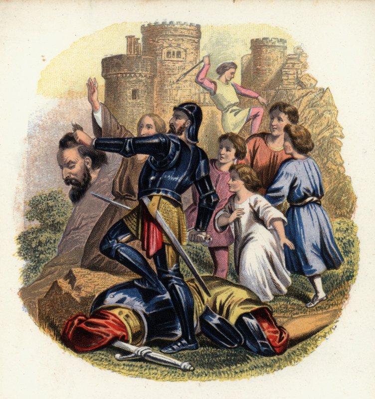 Christiana and the pilgrims look on as Greatheart slays Giant Despair, an illustration from The Pilgrim