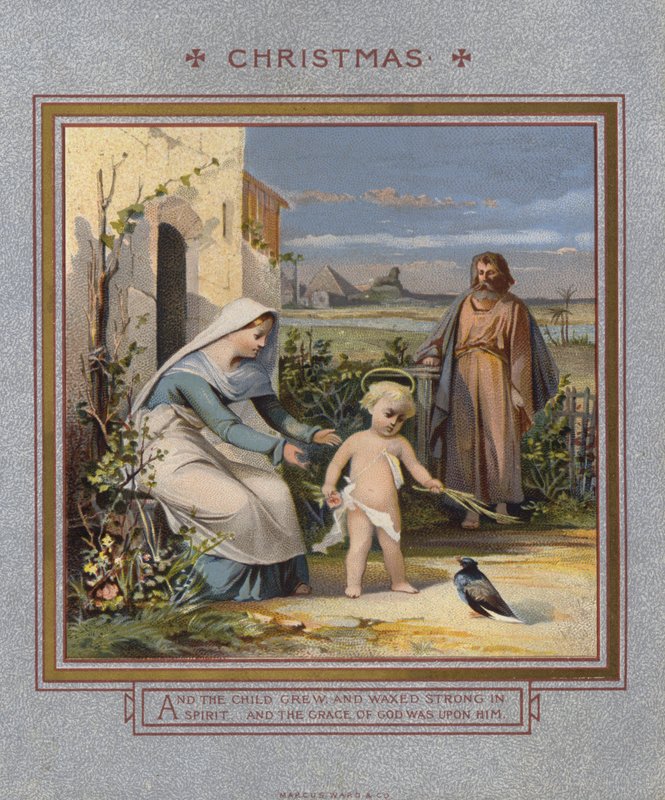 Christmas card: Jesus playing with a dove, watched over by his parents by English School