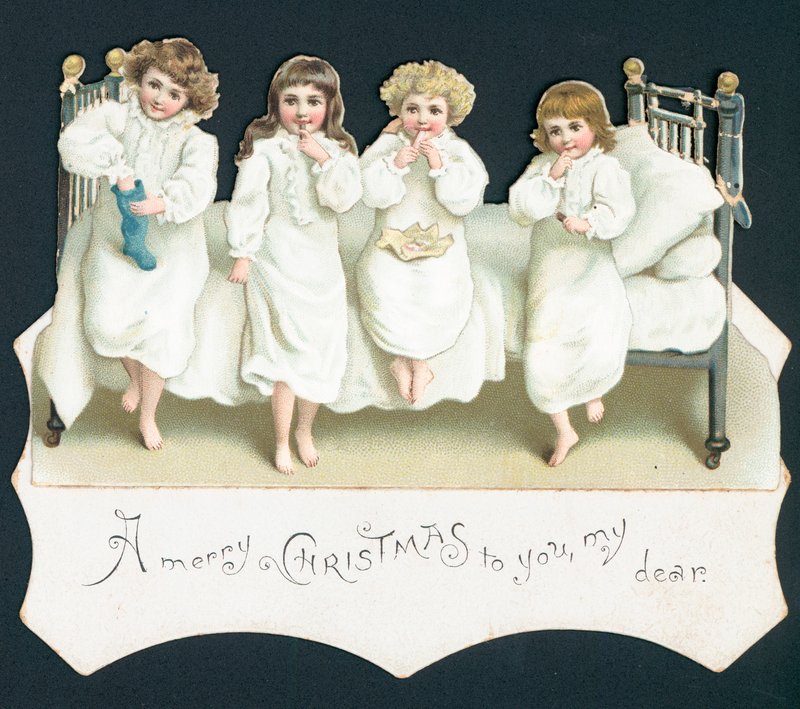 Christmas Card, Children on Bed with Their Stockings by English School