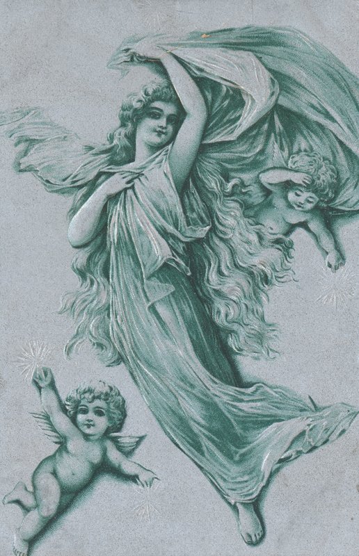 Christmas card with an angel and two cherubs by English School