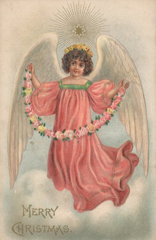 Christmas card with an angel holding a chain of flowers by English School