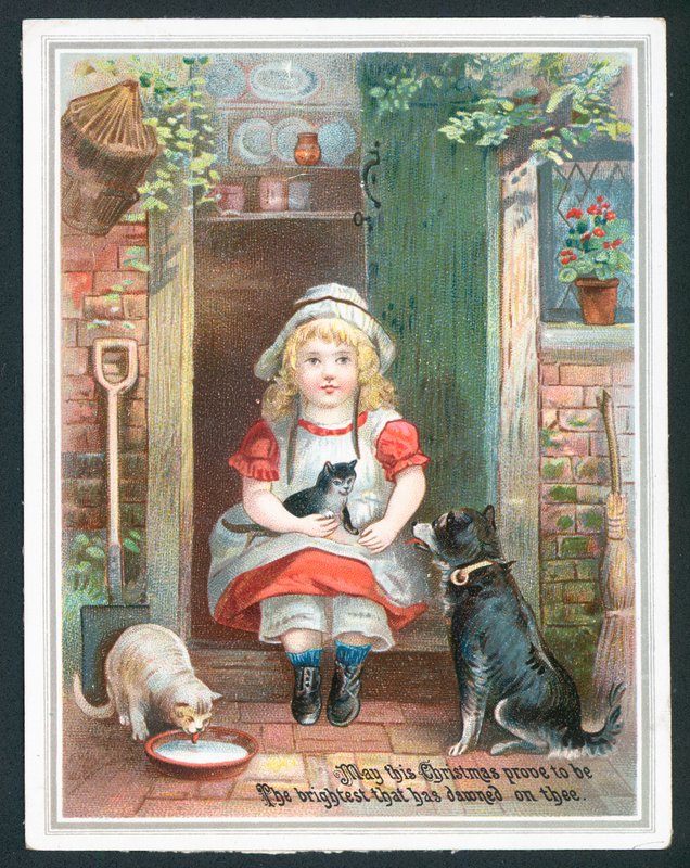 Christmas greetings card with child and pets by English School