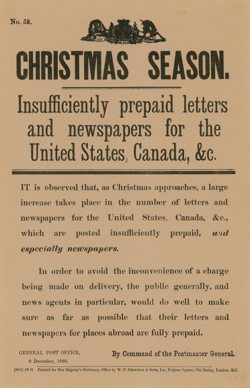 Christmas Postage Notice by Command of the Postmaster General, 9 December 1890 by English School