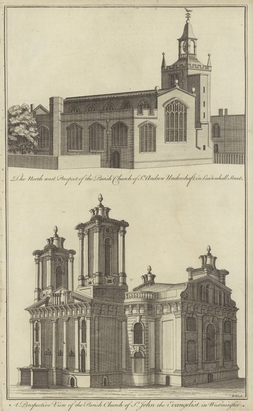 Church of St Andrew Undershaft in Leadenhall Street and Church of St John the Evangelist in Westminster, London by English School
