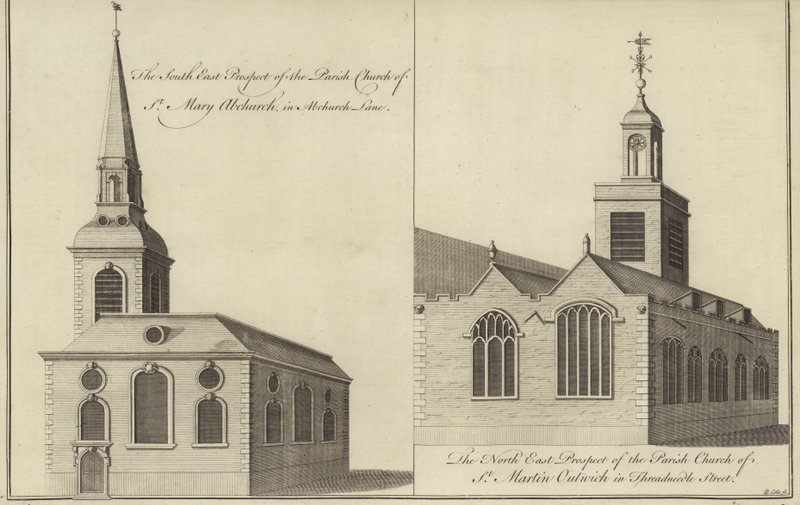 Church of St Mary Abchurch, Abchurch Lane and Church of St Martin Outwich in Threadneedle Street, London by English School