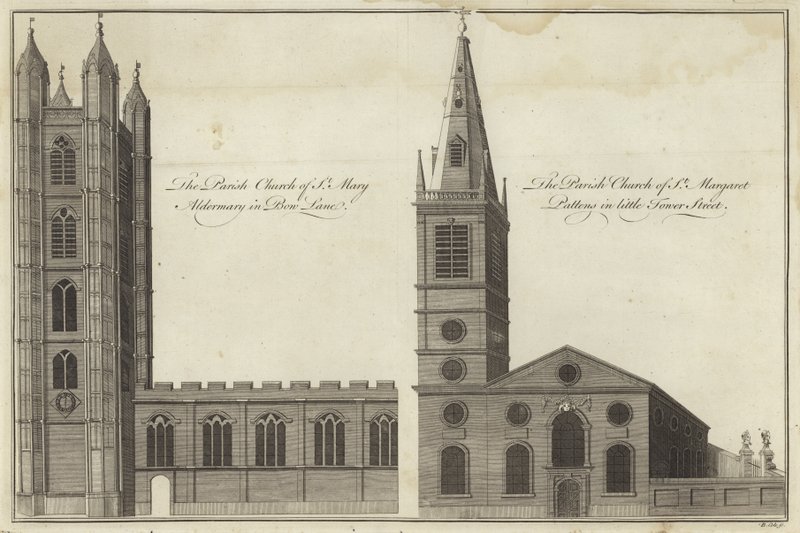 Church of St Mary Aldermary in Bow Lane and Church of St Margaret Pattens in Little Tower Street, London by English School
