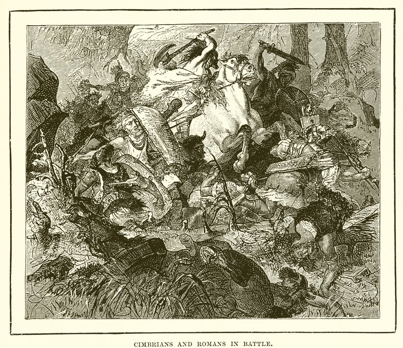 Cimbrians and Romans in battle by English School