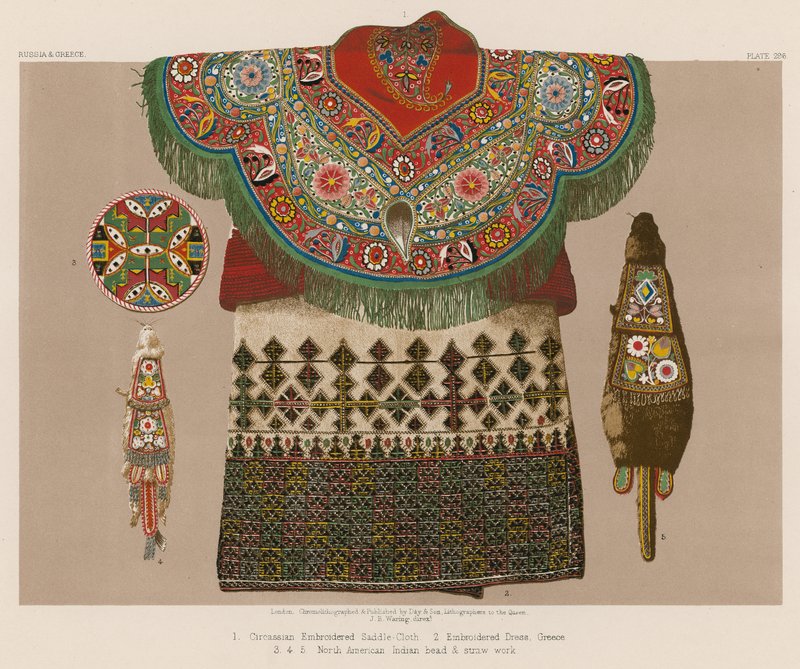 Circassian Embroidered Saddle-Cloth; Embroidered Dress, Greece; North American Indian bead and straw work by English School