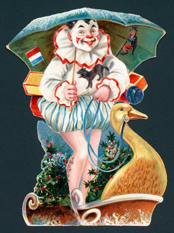Clown Holding Umbrella on Goose Sledge, Christmas Card by English School