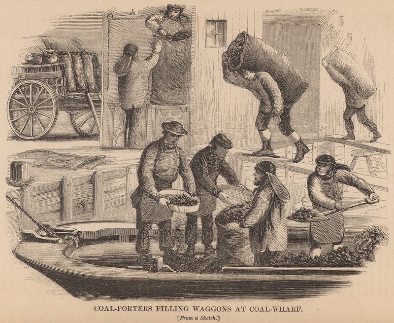 Coal-Porters Filling Waggons at Coal Wharf by English School