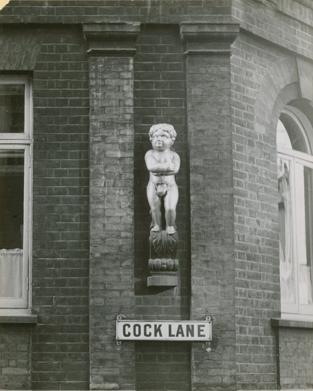 Cock Lane and the Fat Boy, or Golden Boy, statue; photograph by English School