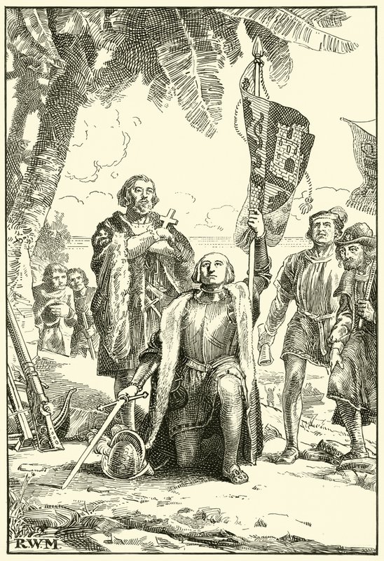 Columbus landing in the New World by English School