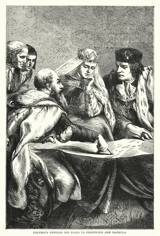 Columbus Unfolds His Plans to Ferdinand and Isabella (engraving) by English School