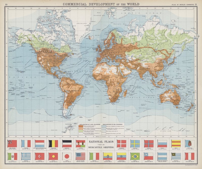 Commercial development of the world, National flags used by mercantile shipping by English School