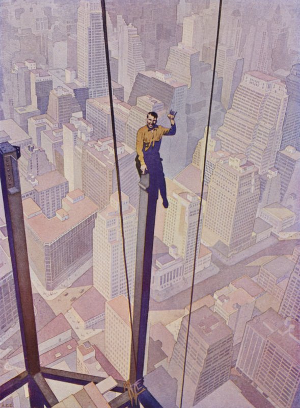 Construction worker on the steel frame of a skyscraper high above the streets of New York City, New York, USA by English School