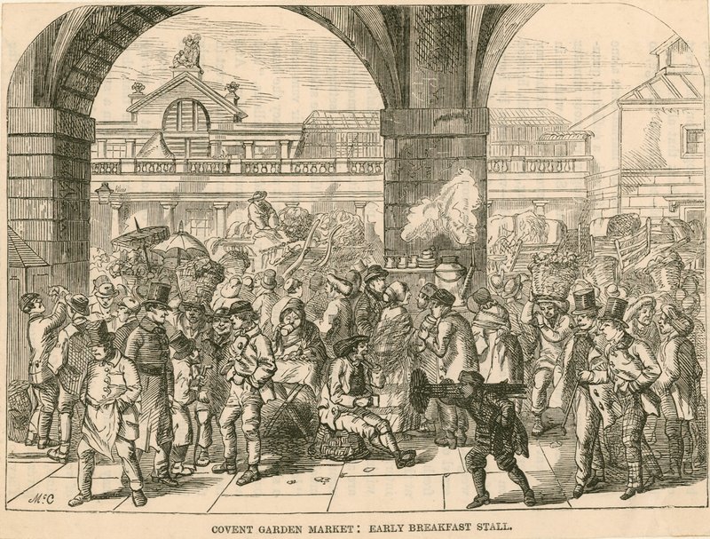 Covent Garden Market, London: early breakfast stall by English School