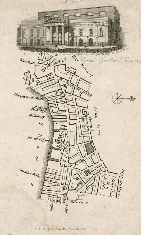 Covent Garden Theatre, London, and map of surrounding area by English School