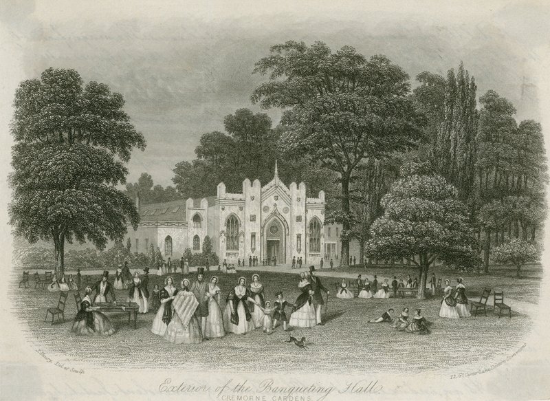 Cremorne Gardens, London: Exterior of the Banqueting Hall by English School
