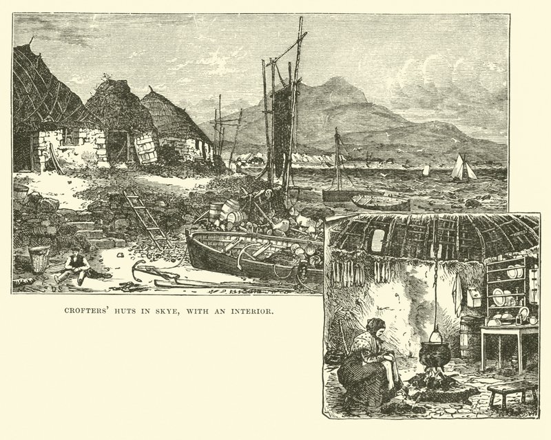 Crofters Huts in Skye, with an Interior by English School