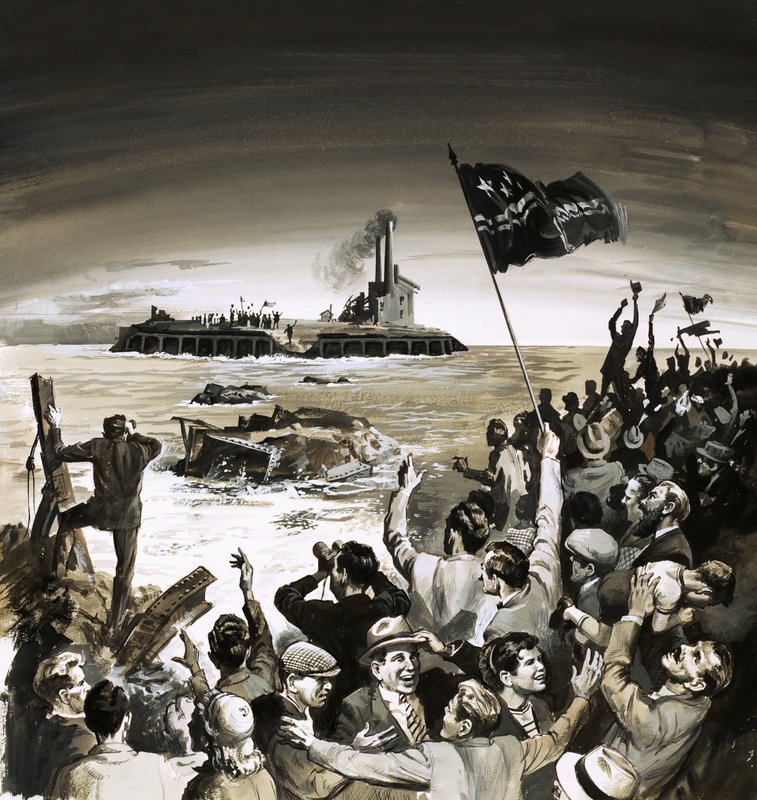Crowds Cheering and Waving Flags by the Ocean to Another Group of Flag Wavers by English School