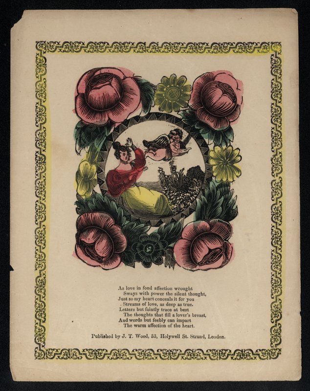 Cupid and woman in a garden surrounded by flowers, love poem by English School