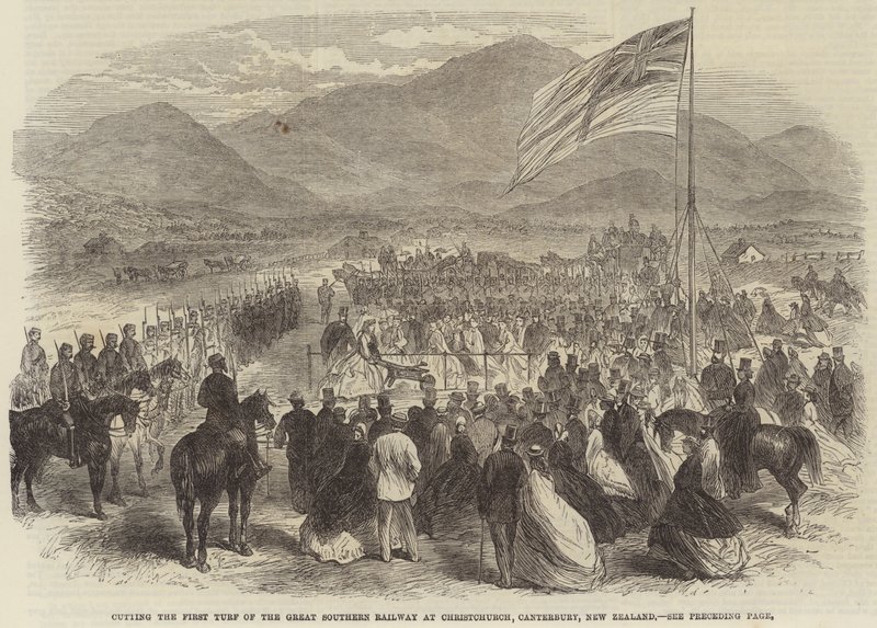Cutting the First Turf of the Great Southern Railway at Christchurch, Canterbury, New Zealand by English School