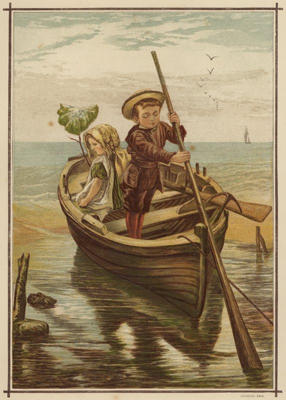 Daring elopement: boy and girl setting off from a beach in a boat by English School